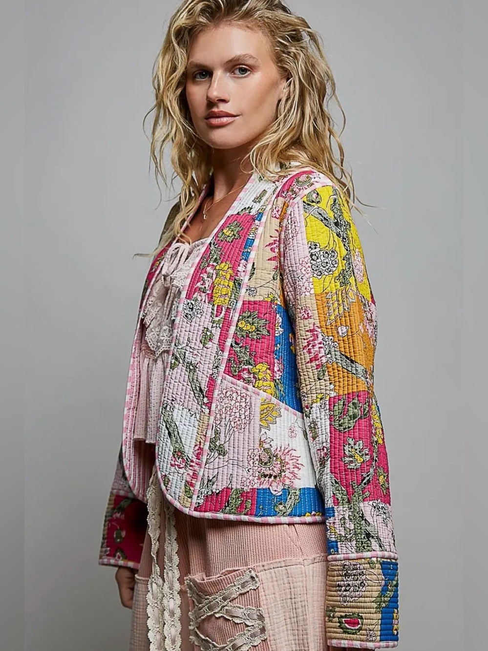 POL multicolor floral cotton kantha quilted boho western embroidered jacket coat - Picture 3 of 6